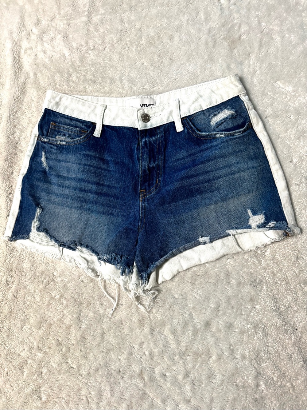 Vervet by Flying Monkey Two-Tone Distressed Denim Shorts - Blue/White